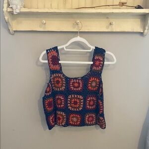 NATURAL LIFE Blue and Red Cropped Boxy Tank Top